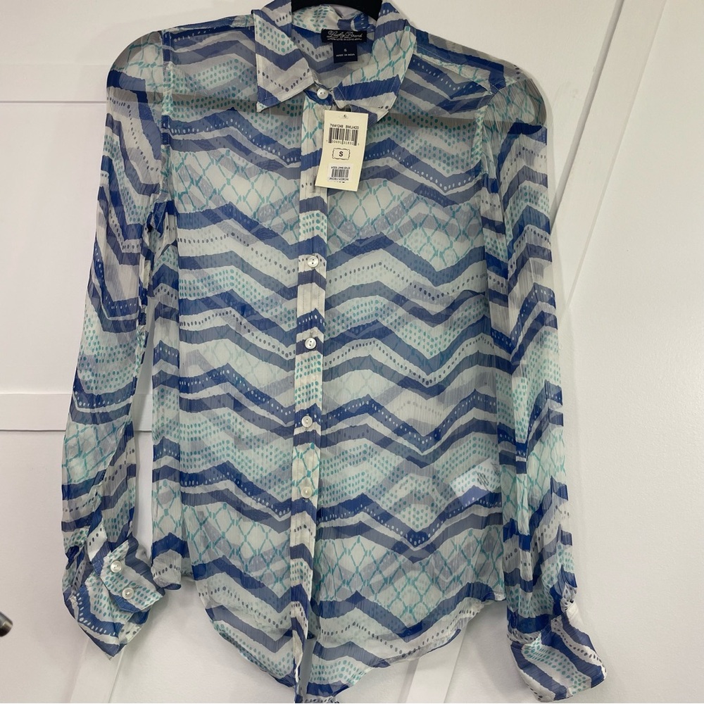 Lucky Brand Blue and White Casual Button Down Shirt with Chevron Design